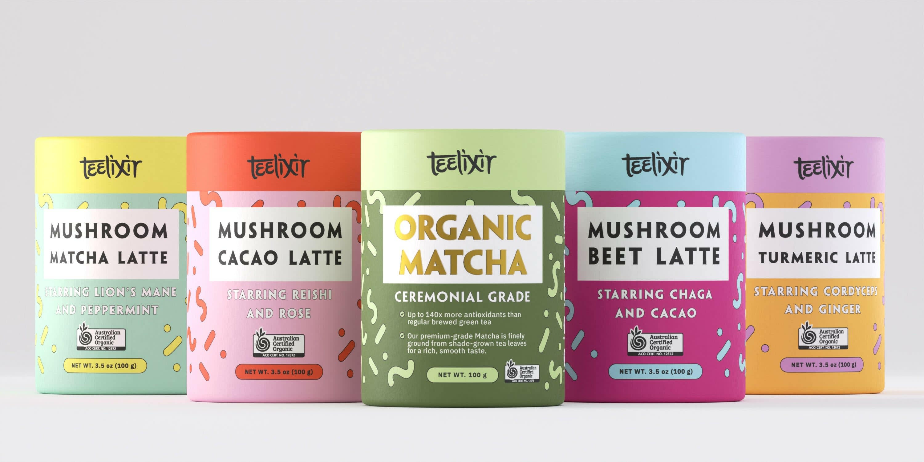 The complete Teelixir Mushroom Latte range — Matcha, Chai, Cacao and Golden Latte, all featuring Lion's Mane extract, traditionally wood-grown and certified organic