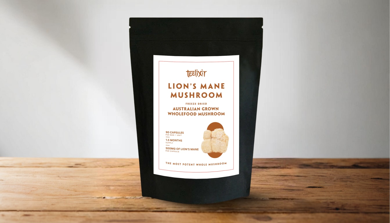 Teelixir Lion's Mane Capsules — 90 capsules per bottle, made in Australia from certified organic mushroom extract