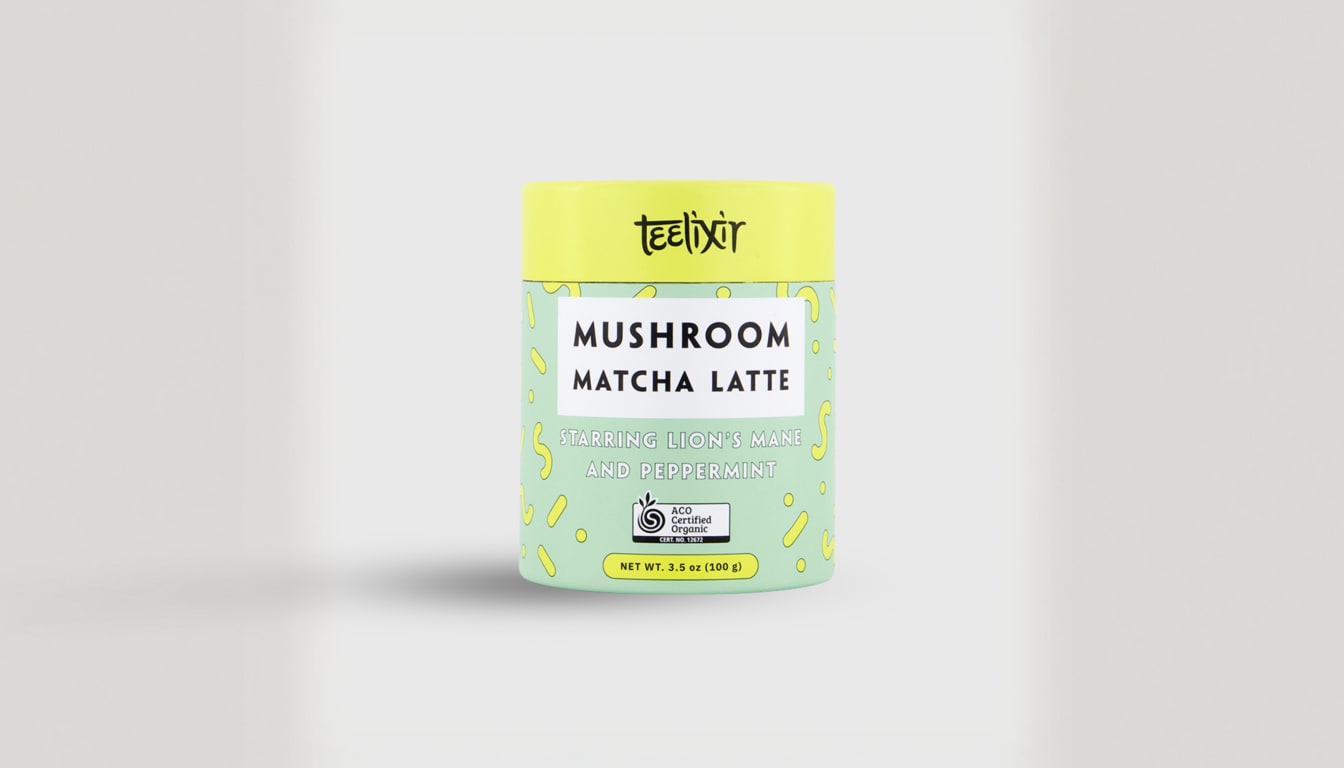 Teelixir Organic Mushroom Matcha Latte — 61% Lion's Mane extract with organic Japanese matcha and peppermint, traditionally wood-grown
