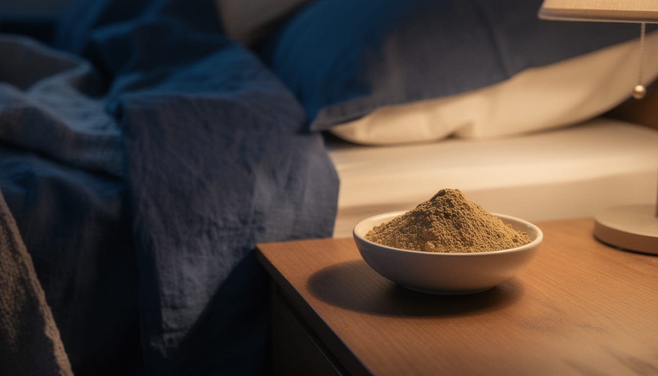 Ashwagandha for sleep — root extract powder beside an evening glass of water