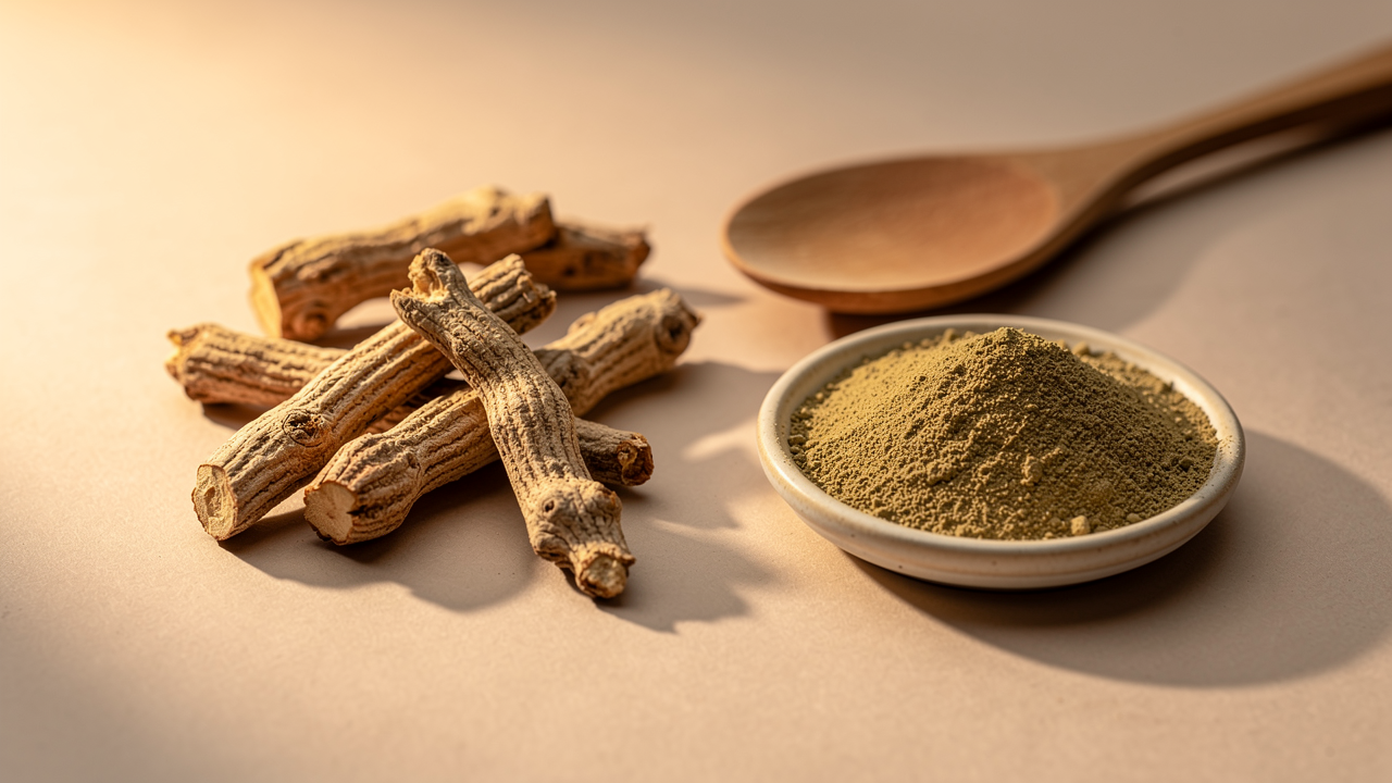 Ashwagandha root powder in a quiet reading nook — supporting mood and mental wellbeing