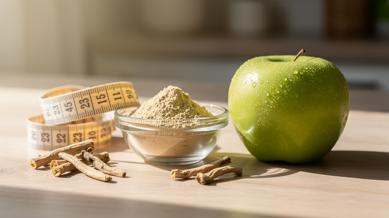 Ashwagandha powder in a kitchen smoothie preparation — supporting weight management and stress reduction