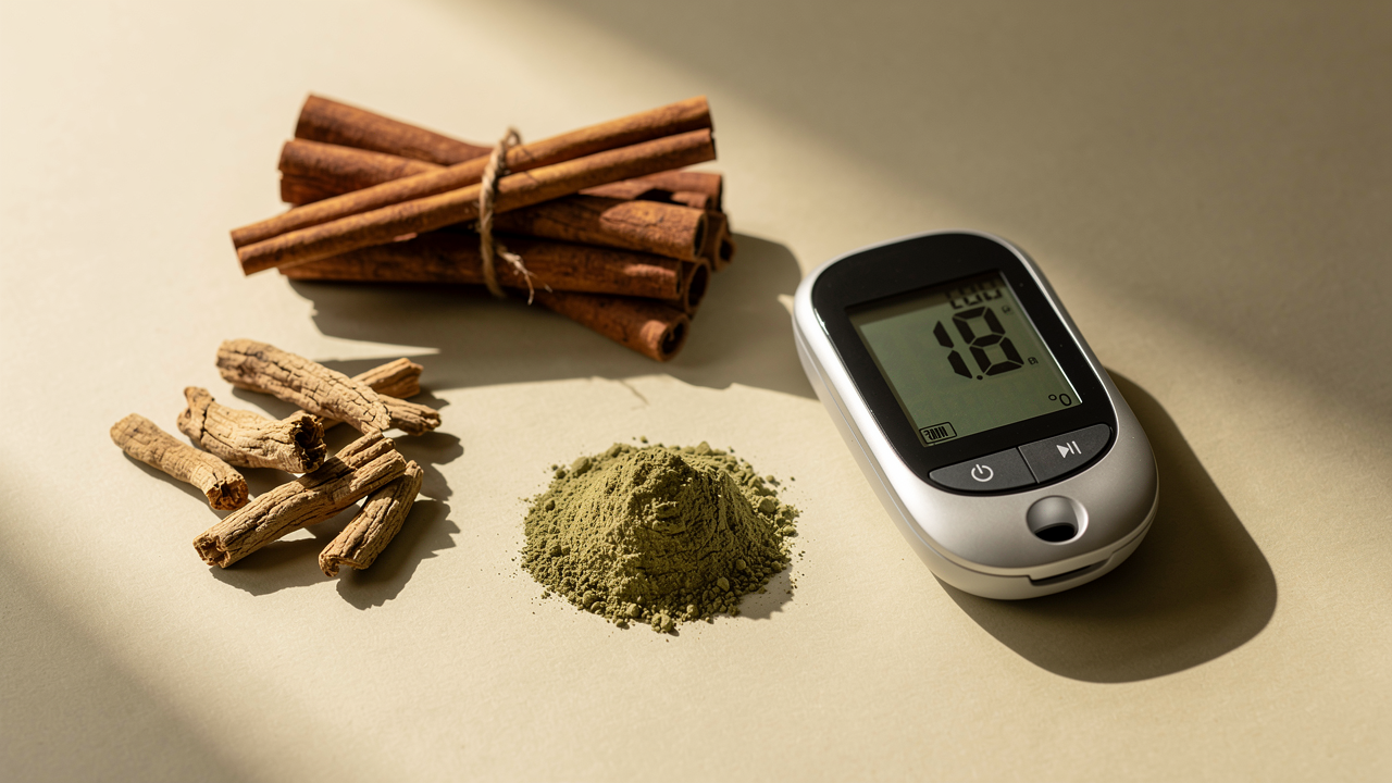 Ashwagandha powder with a nutritious breakfast — supporting blood sugar balance and metabolic health
