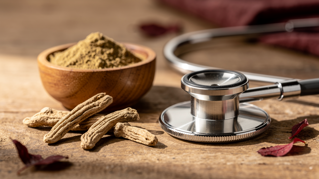Ashwagandha powder on an outdoor verandah in morning light — supporting heart health and cholesterol