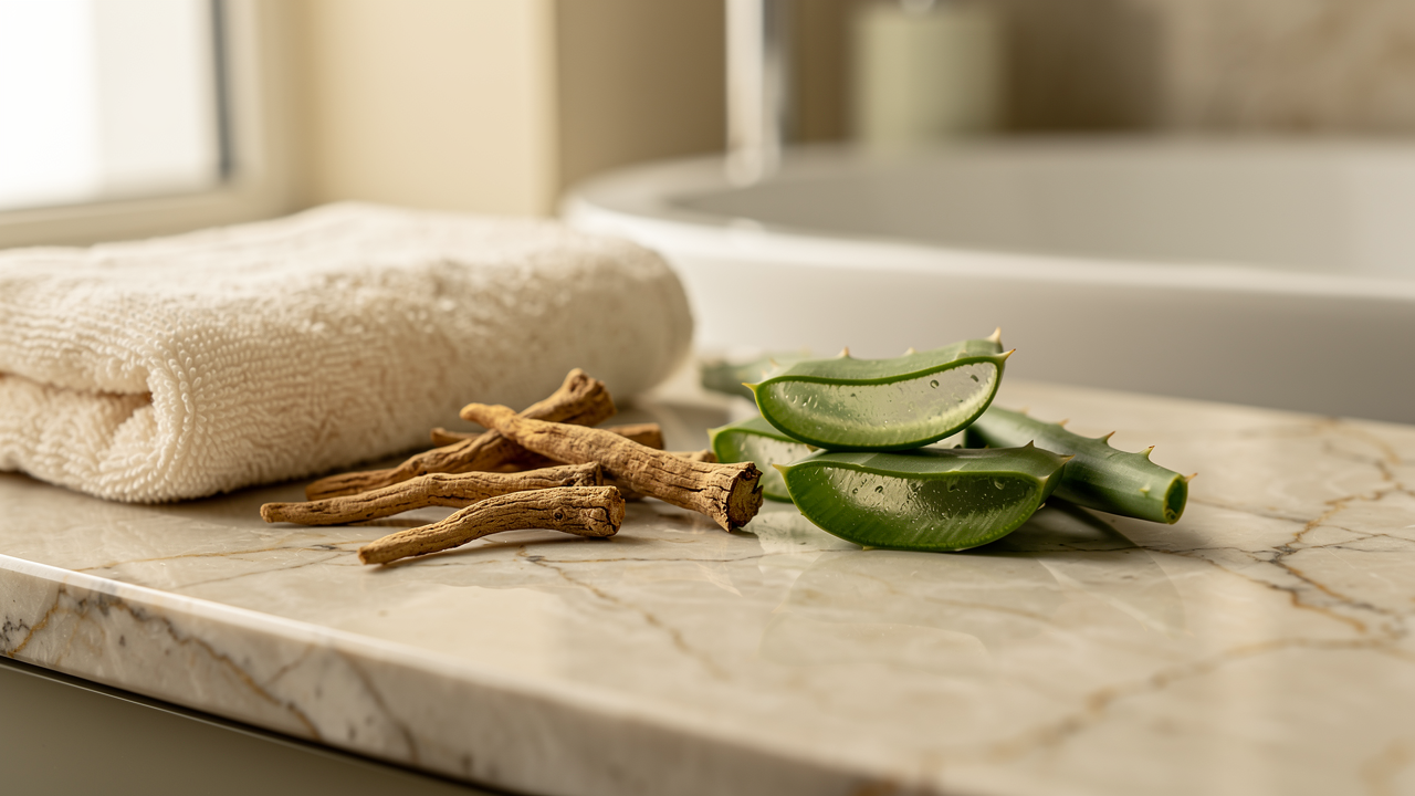 Ashwagandha powder on a bathroom shelf beside skincare — supporting hair and skin health