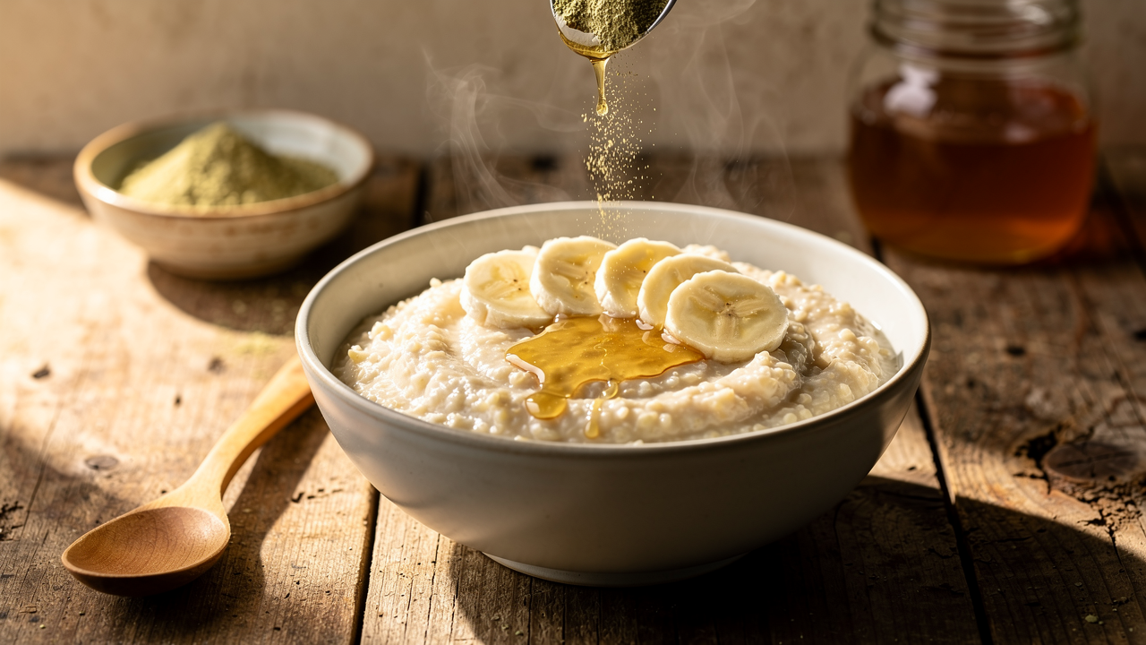 Ashwagandha powder beside a kitchen breakfast bowl — supporting gut health and digestion