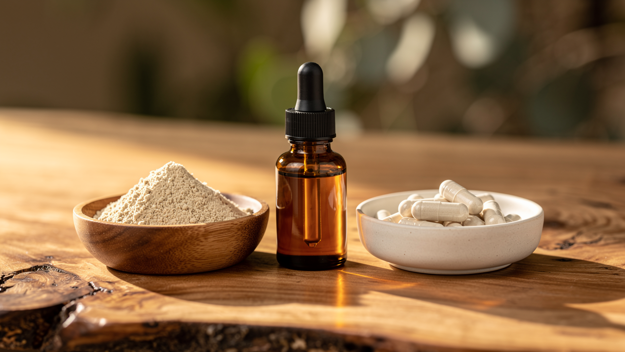 Three forms of lion's mane mushroom supplement: powder, extract, and capsules on a natural timber surface