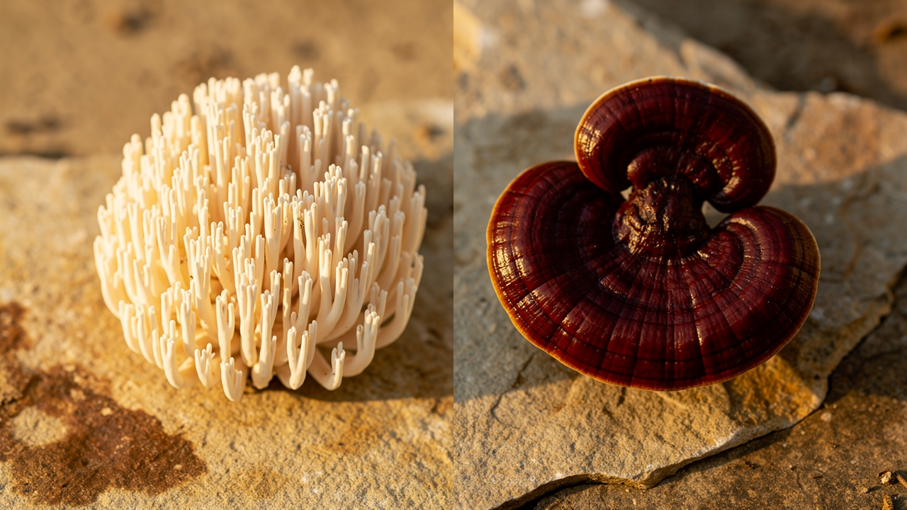 Lion's mane and reishi mushrooms on natural stone — terracotta background
