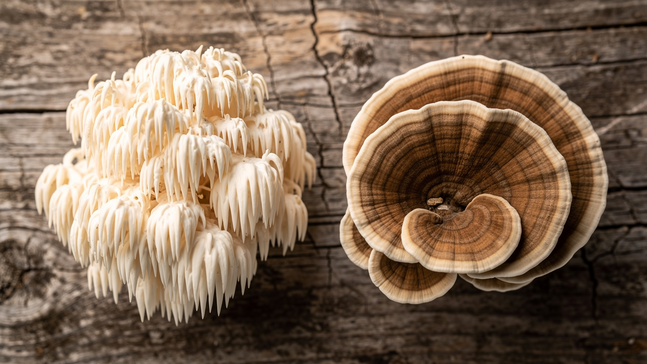 Lion's mane and turkey tail mushrooms side by side on a weathered timber surface, warm terracotta light