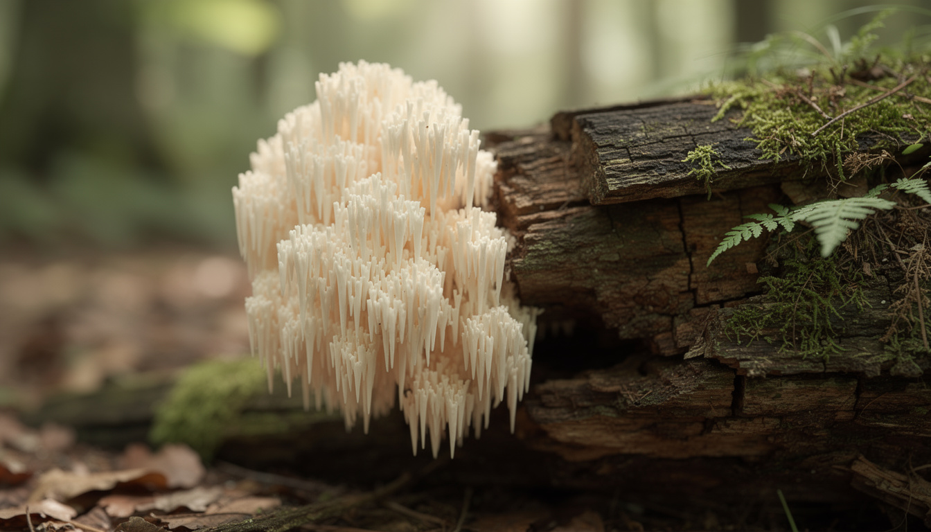 Lion's mane mushroom Hericium erinaceus growing on ancient wood, white coral-like cascading spines in warm natural light