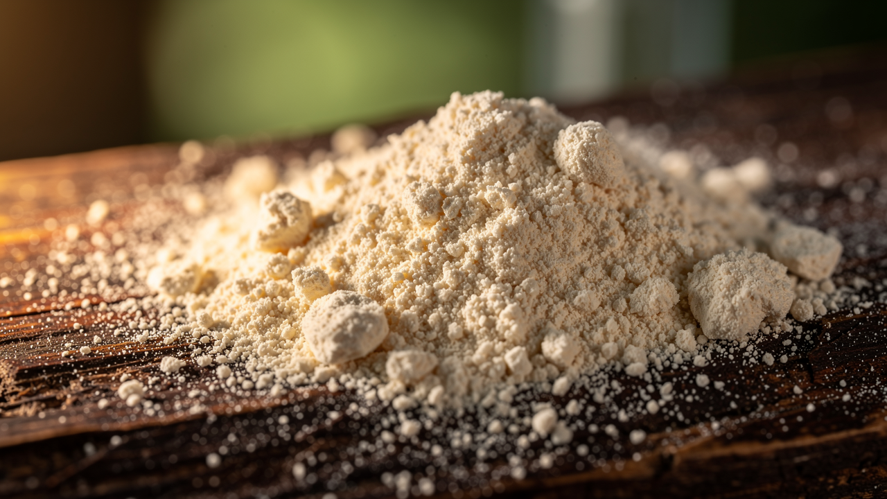 Macro close-up of dried lion's mane mushroom Hericium erinaceus powder, fine white particles on dark timber surface