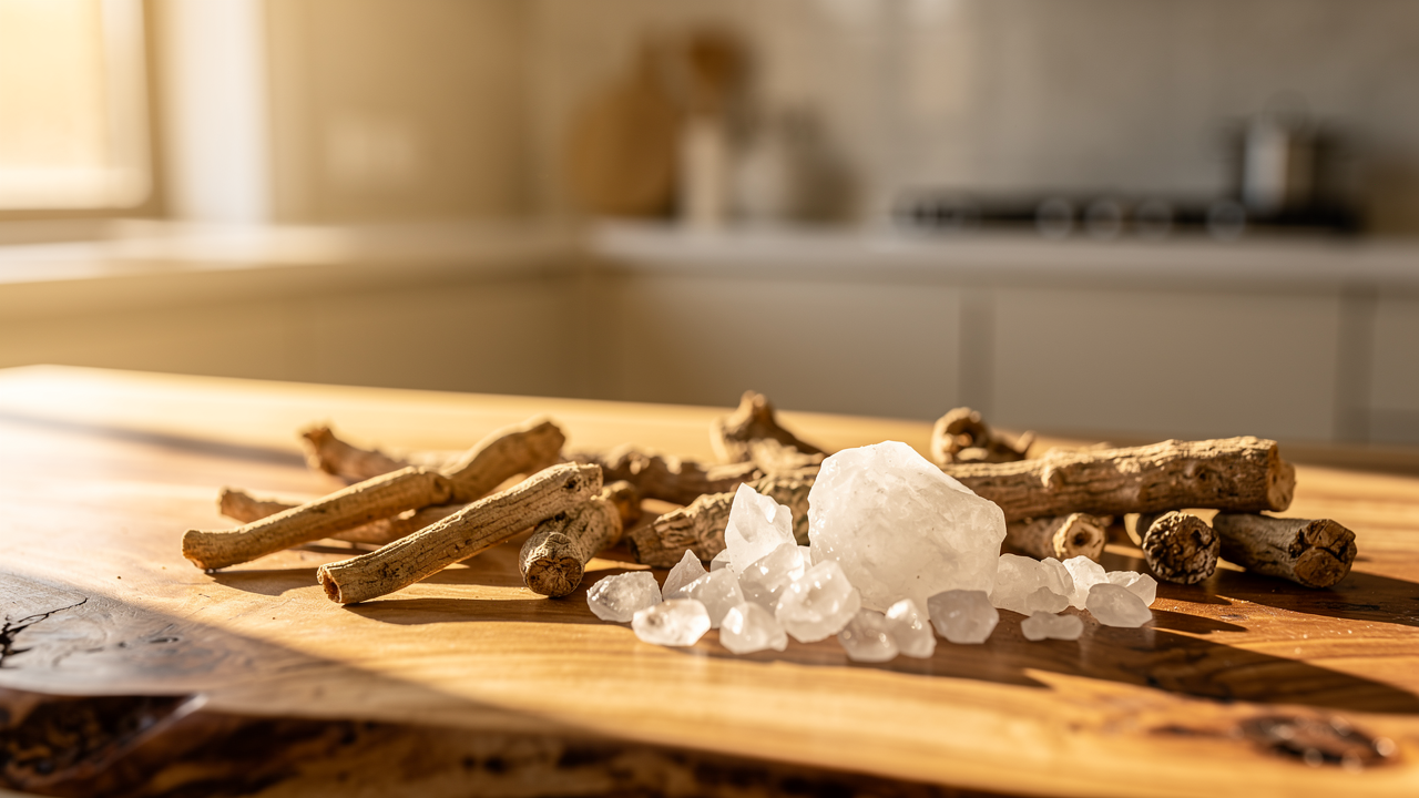 Ashwagandha root and magnesium minerals on timber surface in warm golden light