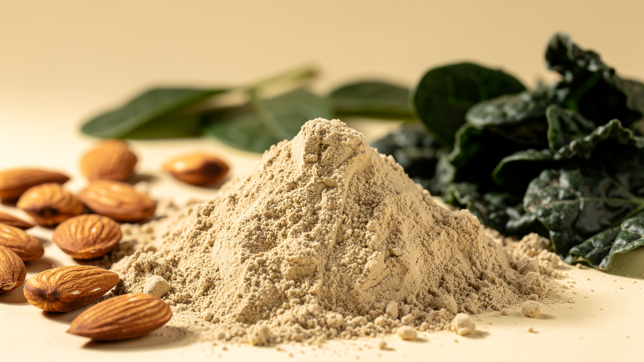 Ashwagandha root powder with magnesium-rich almonds and leafy greens