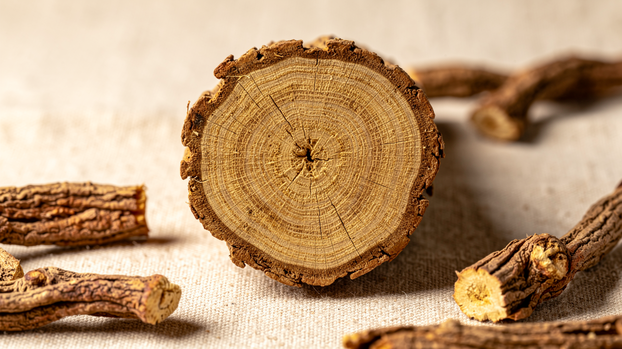 Macro photography of dried ashwagandha root cross-section showing fibrous inner structure