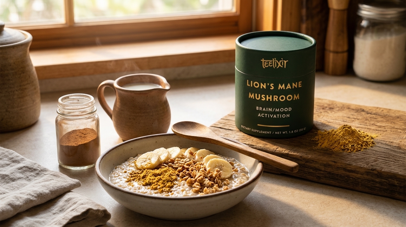 Teelixir Lion's Mane Mushroom Powder in a warm kitchen breakfast setting — supporting immune health