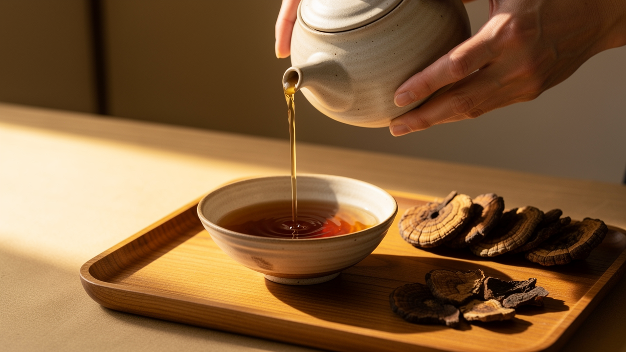 Reishi mushroom tea preparation in ceramic bowl, warm amber light, wellness photography