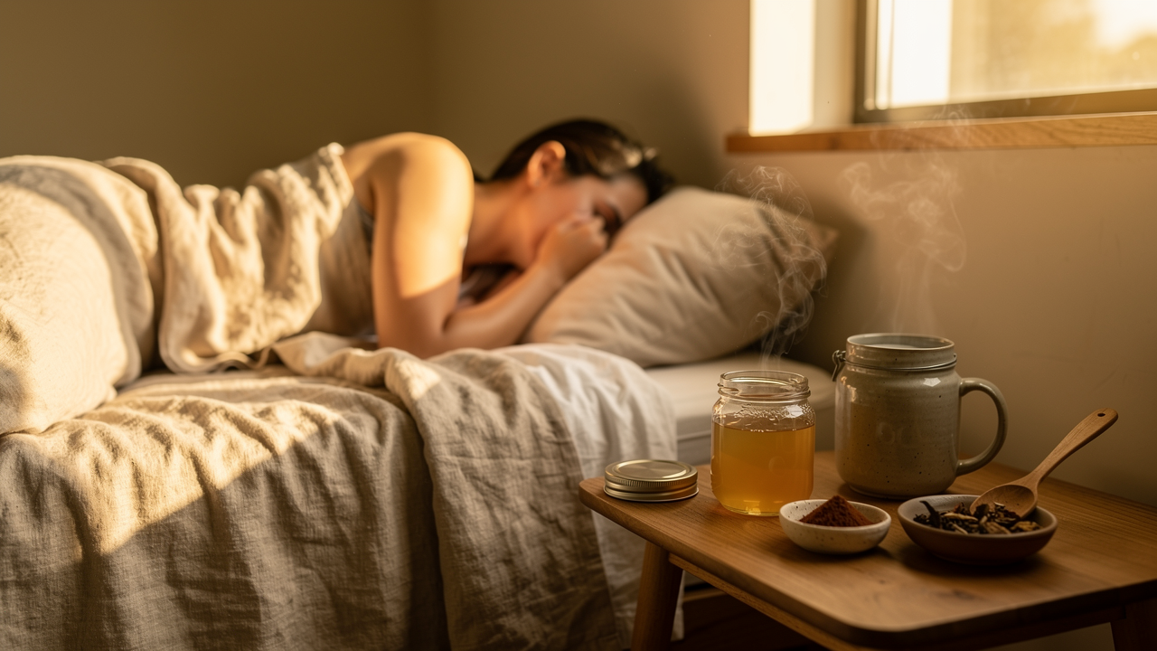 Person resting in peaceful morning light with reishi mushroom, fatigue recovery wellness photography
