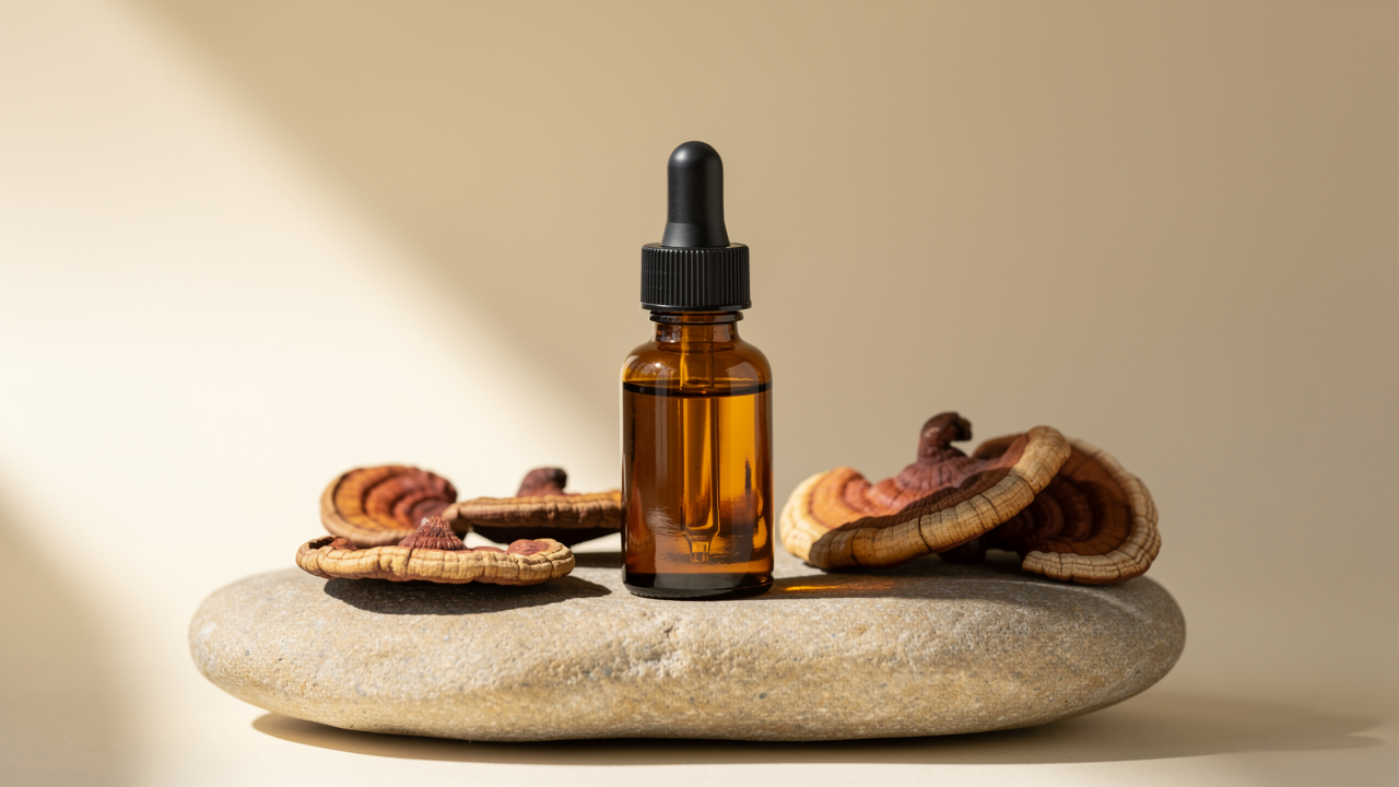 Reishi mushroom extract in glass dropper bottle on natural stone, safety and science photography