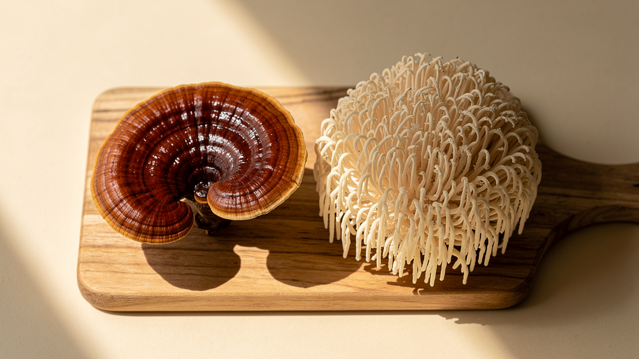 Two medicinal mushrooms comparison — reishi and lion's mane on wooden board, natural light