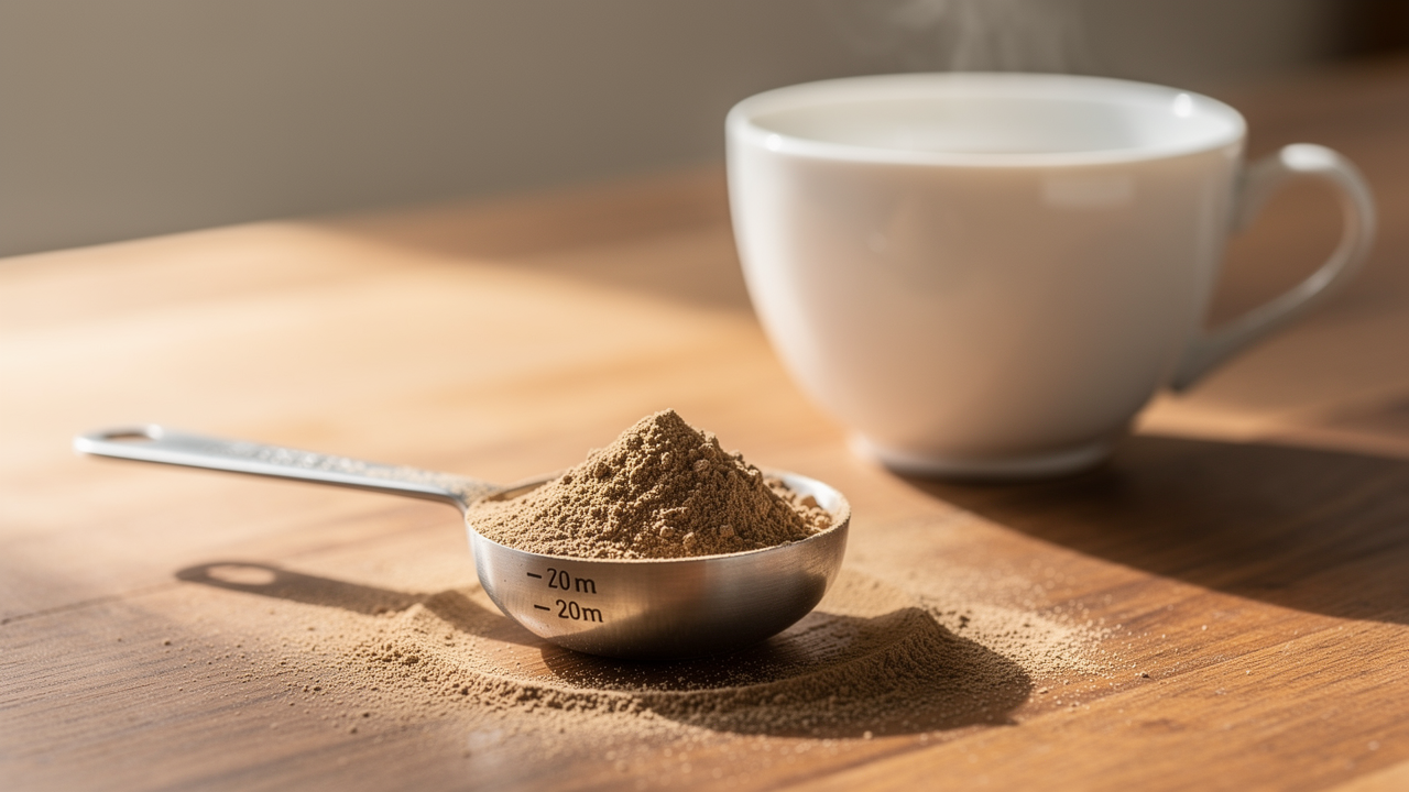 Reishi mushroom powder measuring spoon on wooden surface, morning kitchen light, dosage guide