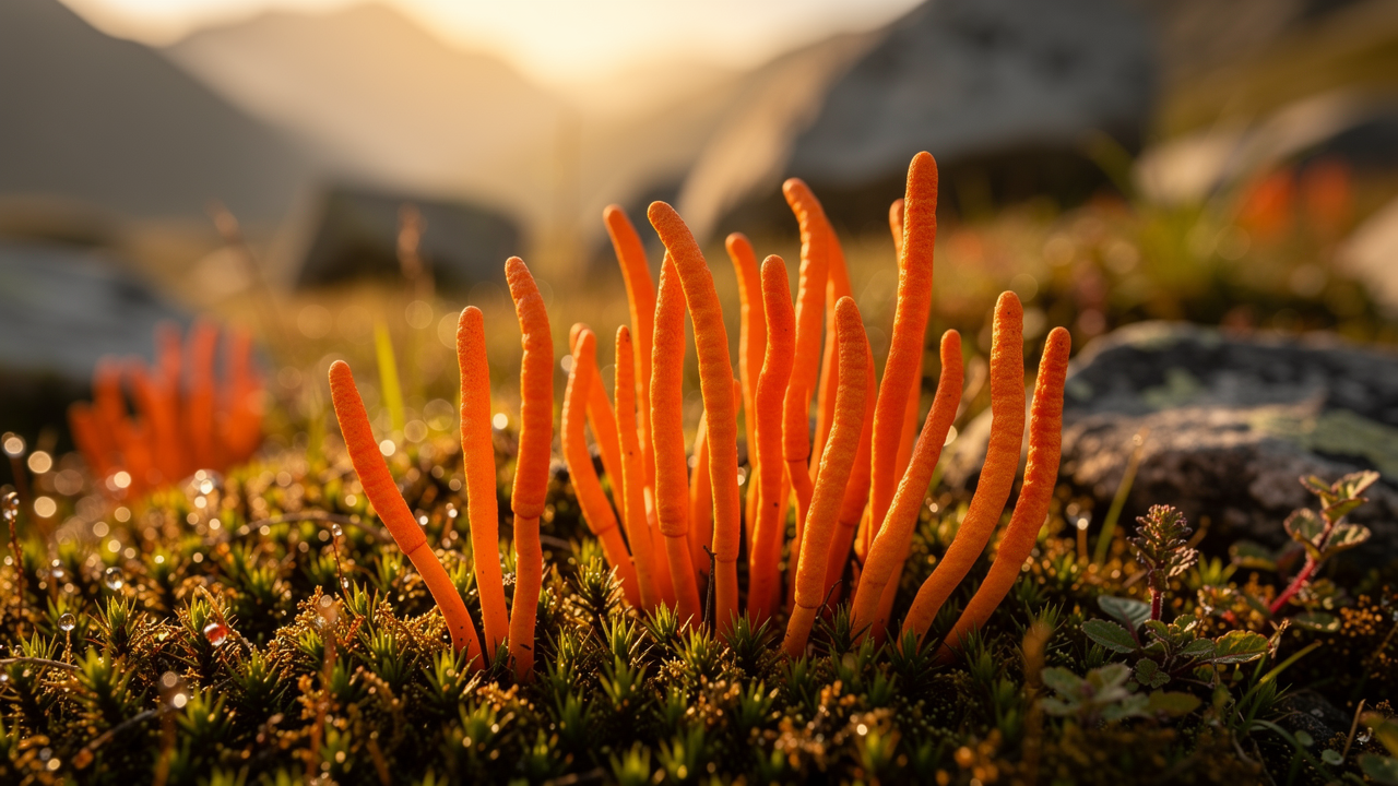 Cordyceps mushroom fruiting bodies in natural mountain setting â€” editorial wellness photography