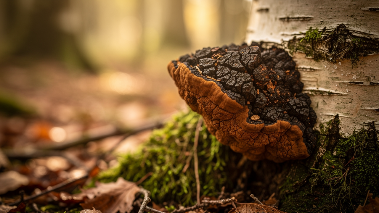 Chaga mushroom growing on birch tree in natural forest — Inonotus obliquus in its wild habitat