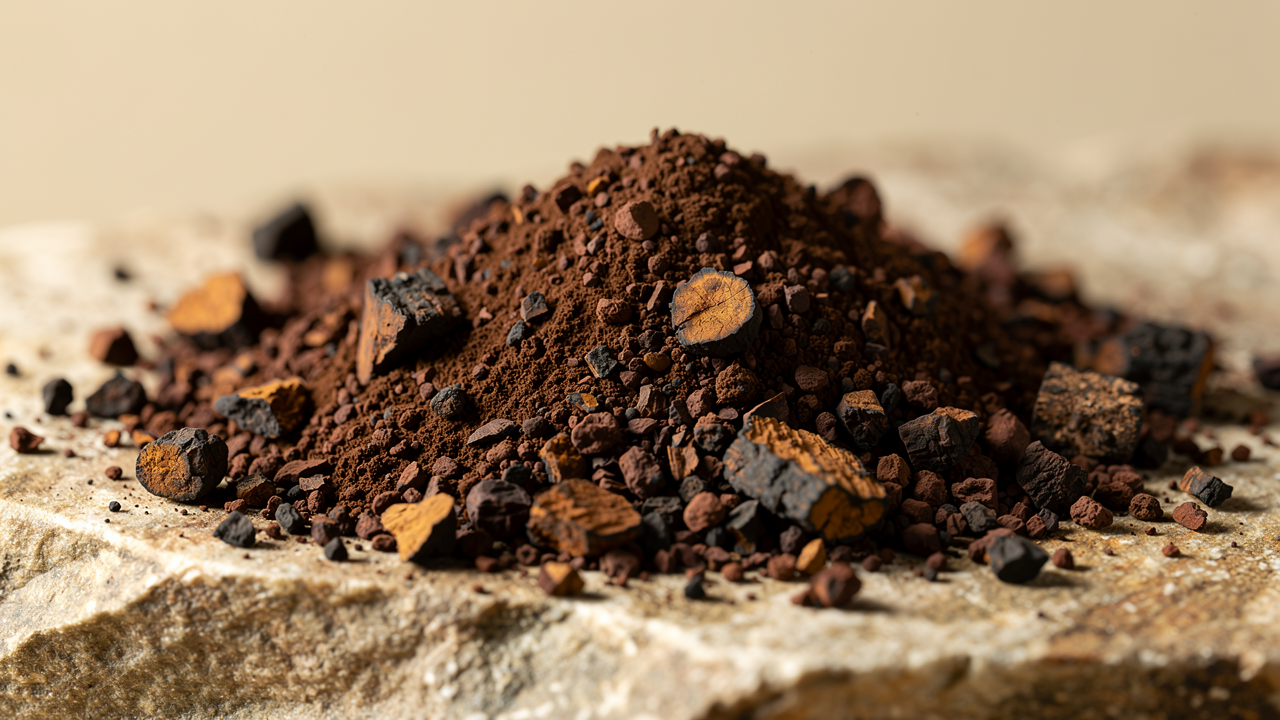 Chaga mushroom powder — dark rich granules showing the concentrated extract used in supplementation