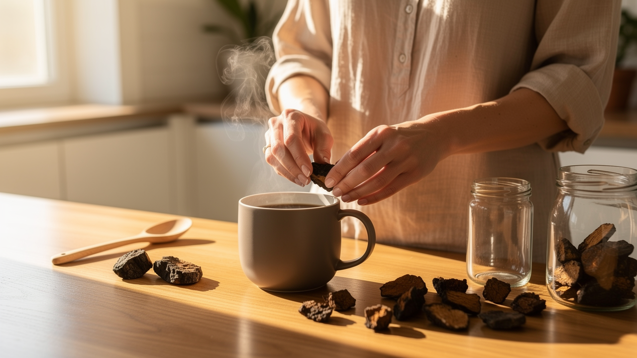 Person preparing chaga mushroom tea — ceramic mug with dark earthy brew in modern kitchen, morning light
