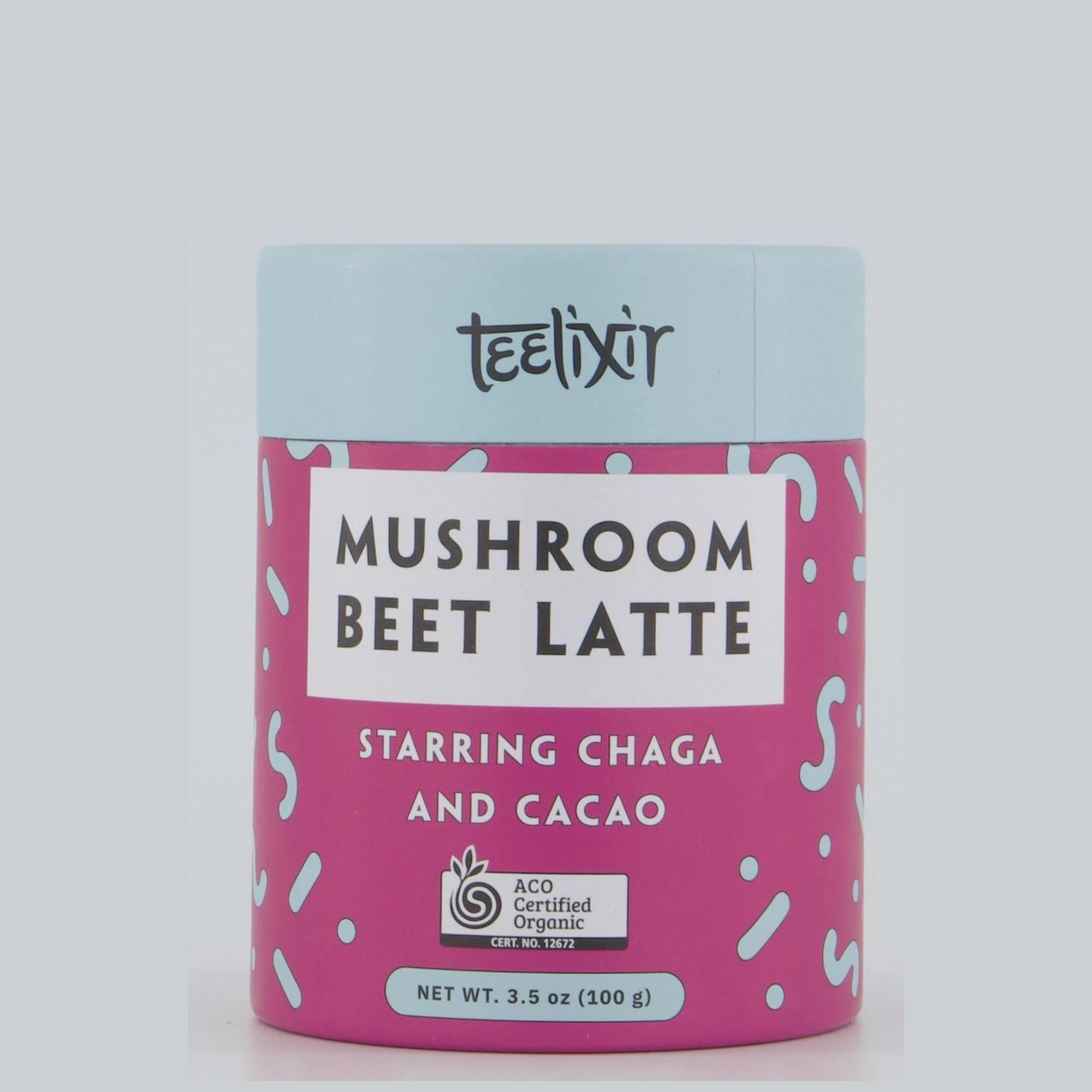 Teelixir Organic Mushroom Beet Latte with Chaga — ready-to-mix format combining chaga extract with beetroot and adaptogens