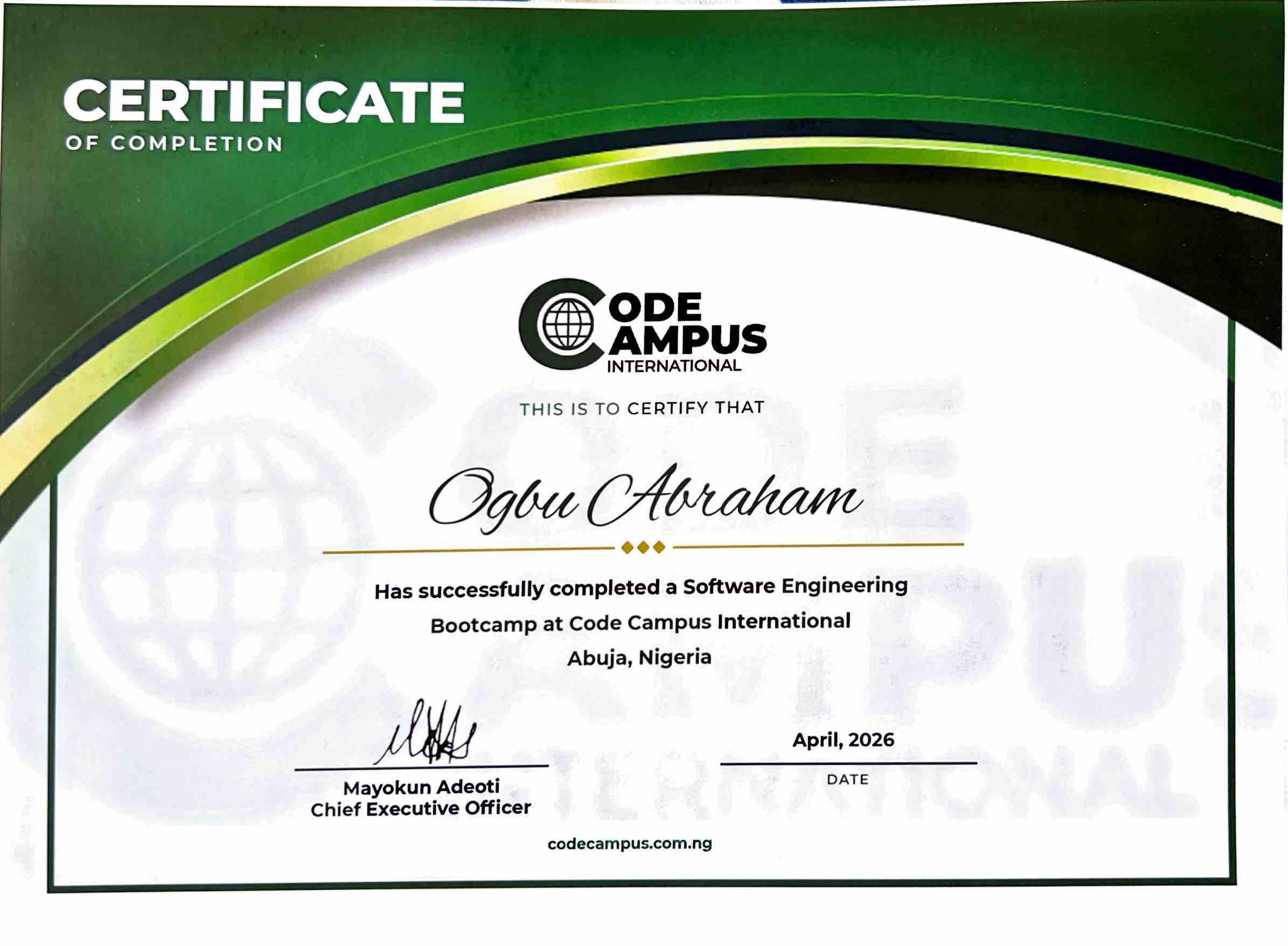 Code Campus International Full-Stack Software Engineering Program certificate