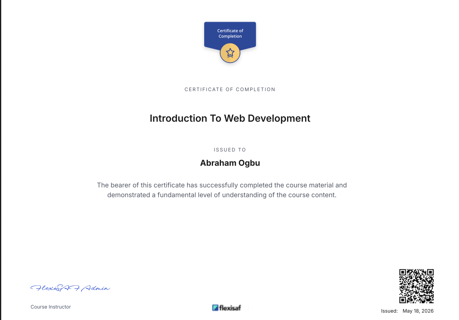 FlexiSAF Introduction to Web Development certificate