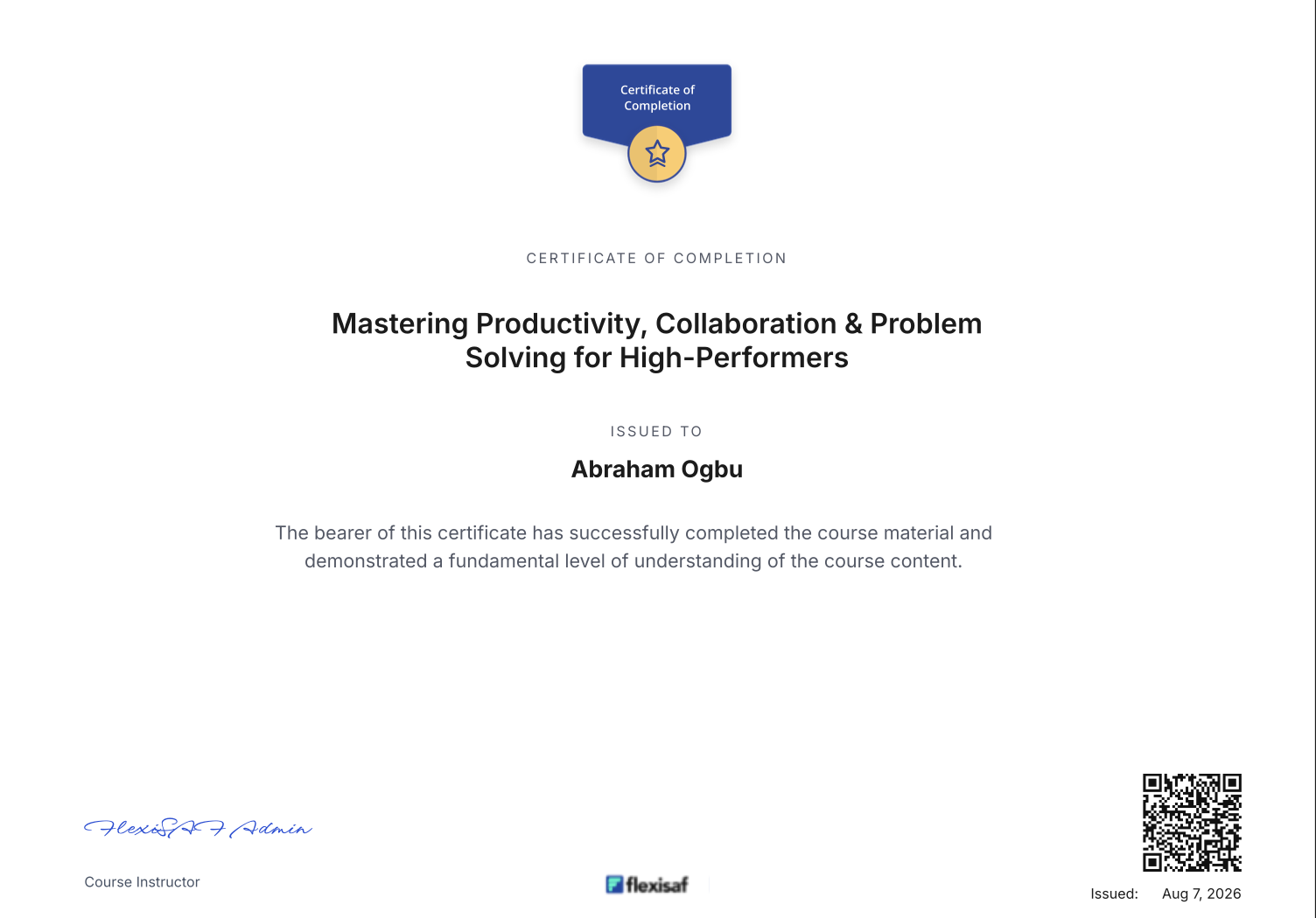FlexiSAF Mastering Productivity, Collaboration & Problem Solving for High-Performers certificate