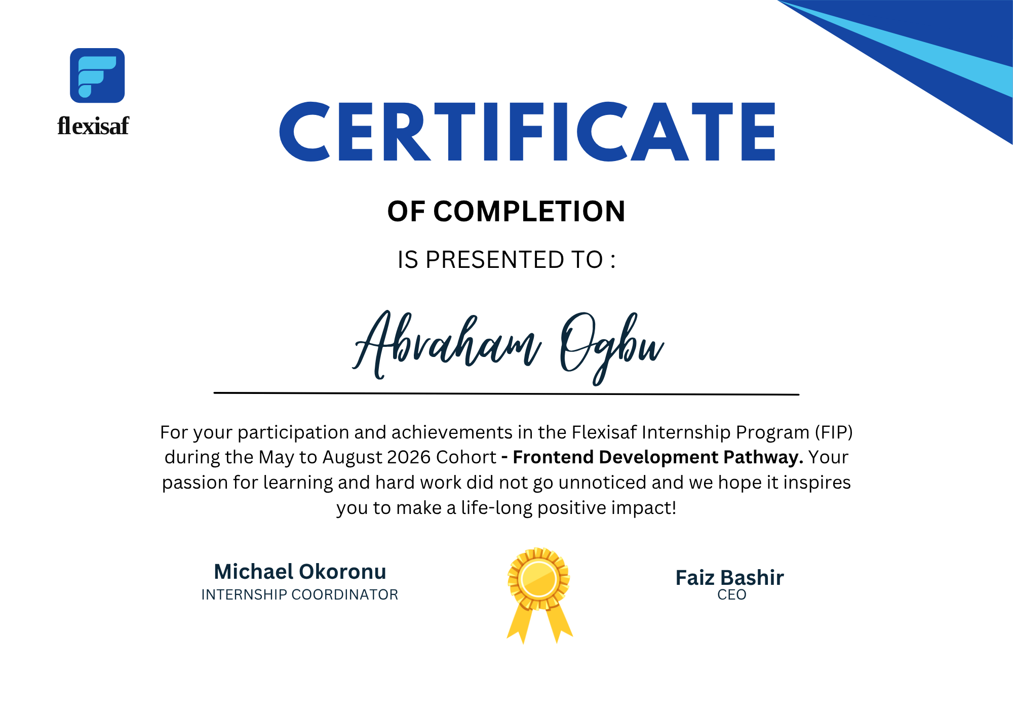 FlexiSAF Frontend Development Internship certificate
