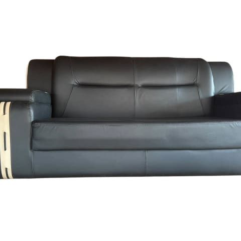 Black Leather 2-Seater Sofa (Cream Stripe Accent)