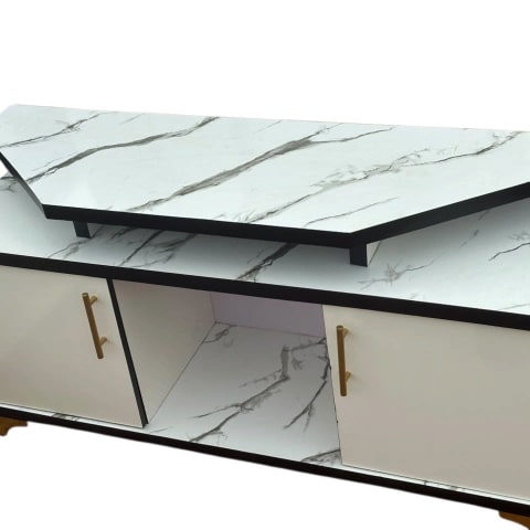 White Marble-Top TV Stand with Floating Shelf