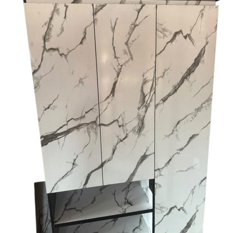 Carrara Marble Wardrobe: white marble-finish 3-door wardrobe with open shelf cubbies