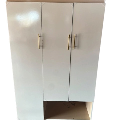 Ivory Gold-Handle Wardrobe (Image 8): cream 3-door wardrobe with brass handles and a bottom open compartment