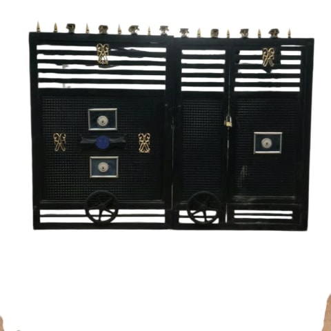 Black Geometric Perforated Gate with Emblem Accents