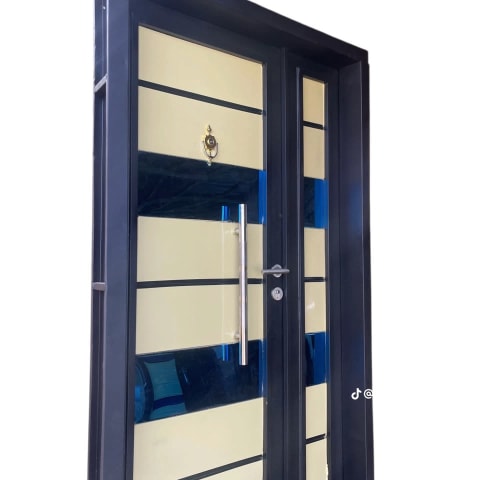 Contemporary Security Door with Cream Panels, Blue Glass and Side Panel