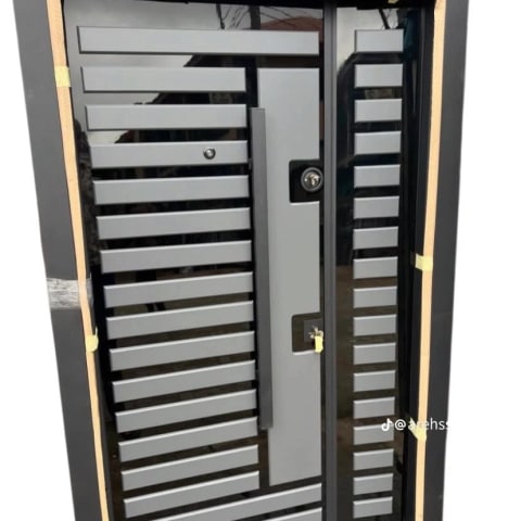 Modern Grey Slat Security Door with Black Glass and Side Panel