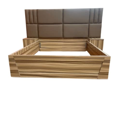 Wooden Bed Frame with Padded Headboard and Built-In Bedside Tables