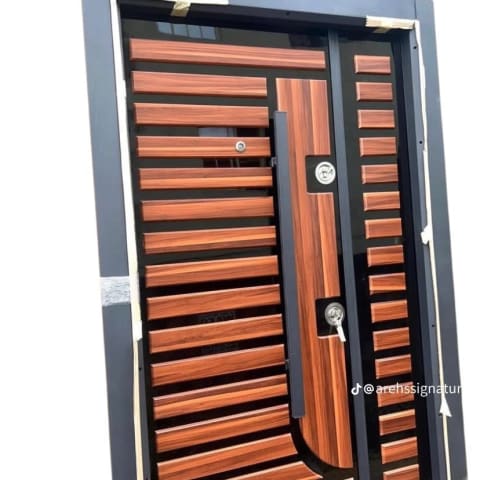 Wood-Finish Horizontal Slat Security Door with Black Glass Panel