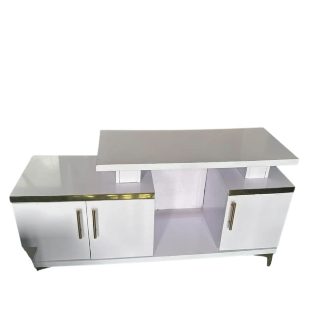 White TV Stand with Gold Trim & Floating Top