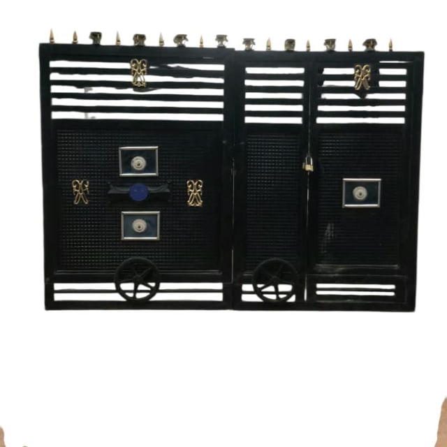 Black Geometric Perforated Gate with Emblem Accents