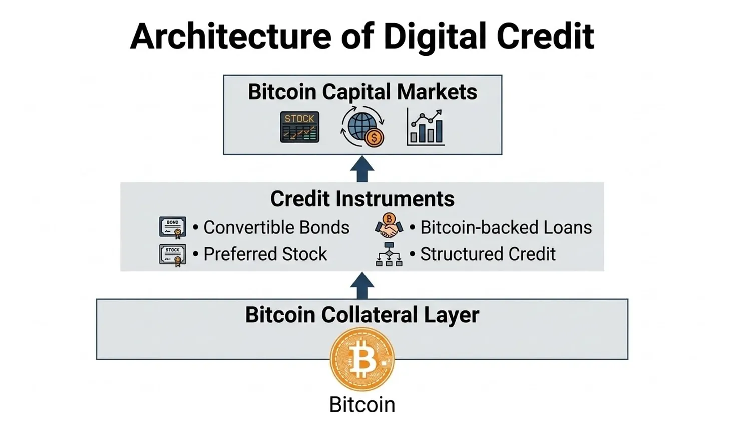 Four-layer system diagram: Bitcoin collateral underpins lending markets, credit instruments, and Bitcoin capital markets.