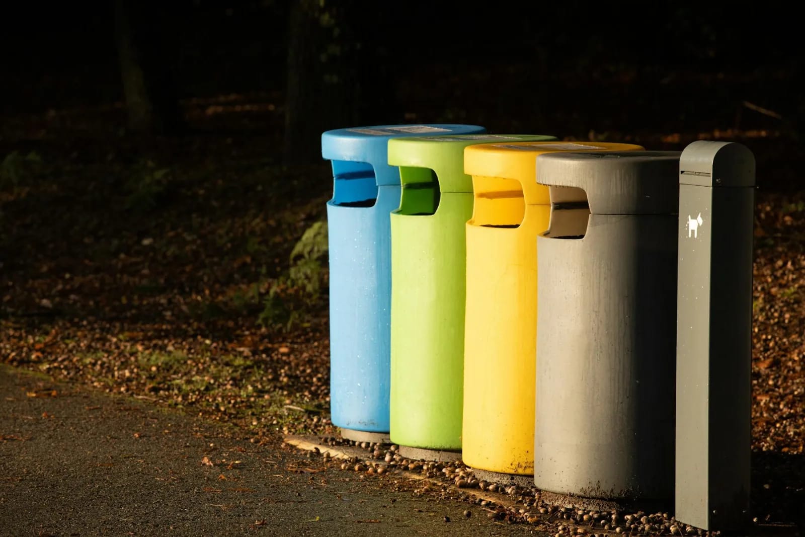 Contenedores de reciclaje alineados junto a una acera