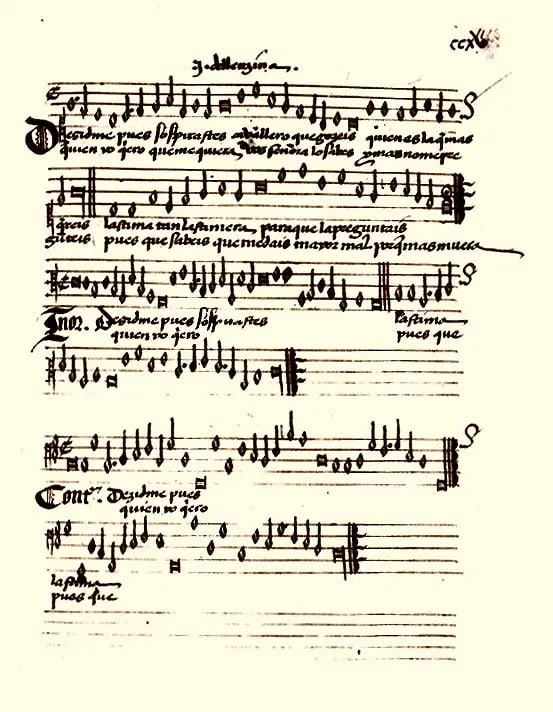 Partitura manuscrita del Cancionero de Palacio del siglo XVI con una canción del Renacimiento español