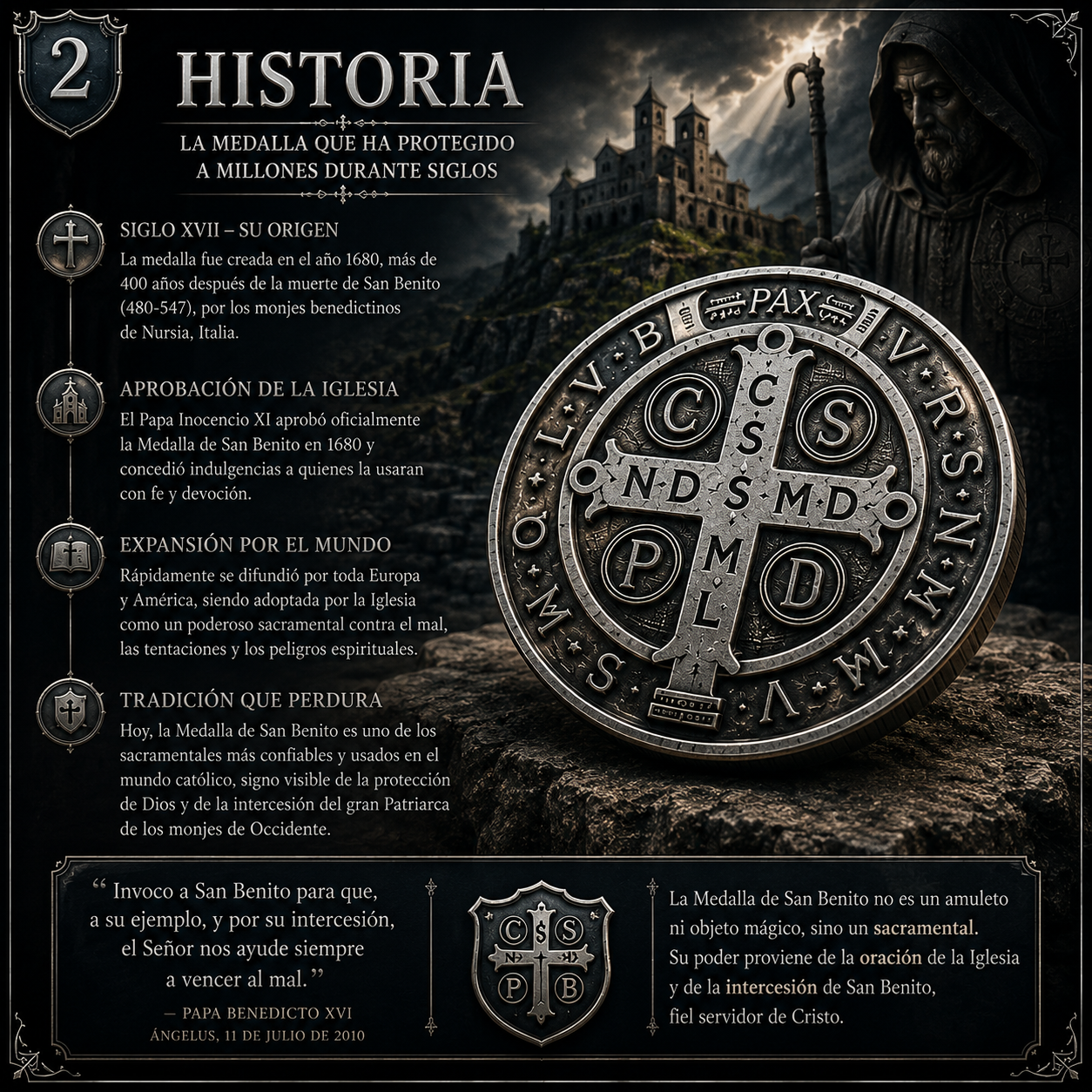 La Medalla de San Benito - Infografia - CatolicosGPT - IA Catolica - Diapositiva 3