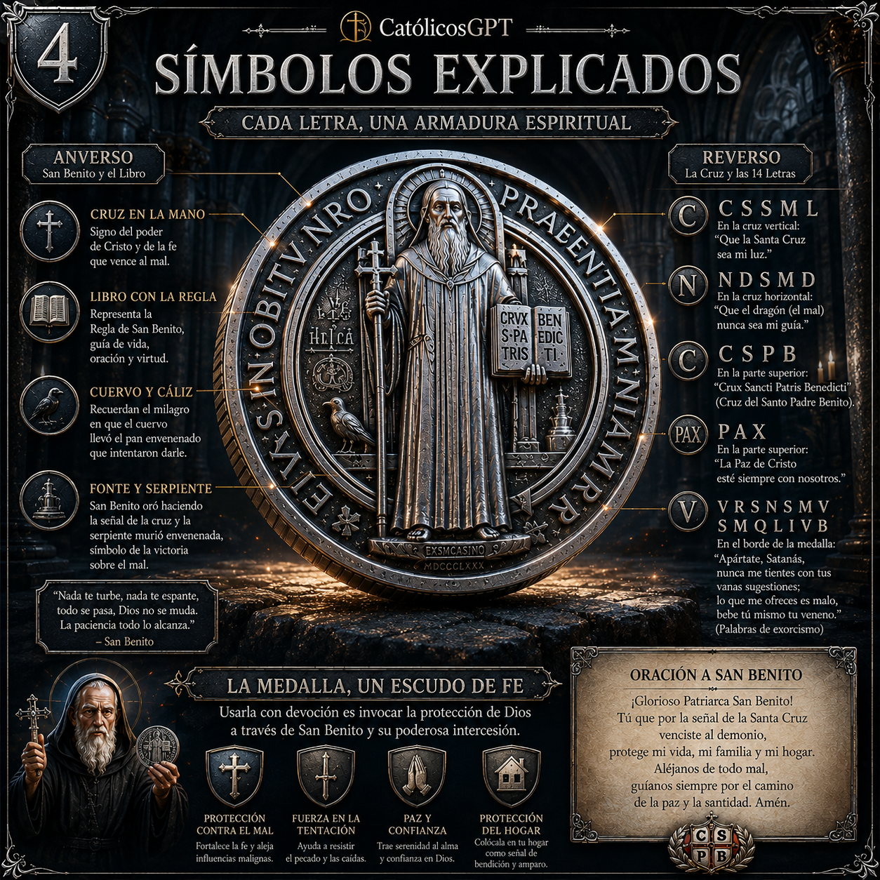 La Medalla de San Benito - Infografia - CatolicosGPT - IA Catolica - Diapositiva 6