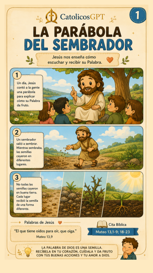 La Parabola del sembrador para Niños | CatólicosGPT IA Católica - Diapositiva 1